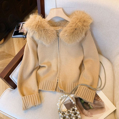 Women's Double Zipper Knit Cardigan | Fur Collar Hooded Sweater Double Zipper Fur Collar Stitching Desig | Ectron Online