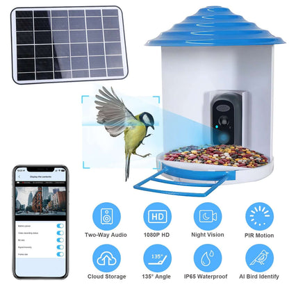 White and blue smart solar bird feeder with built-in camera, shown with feed tray.