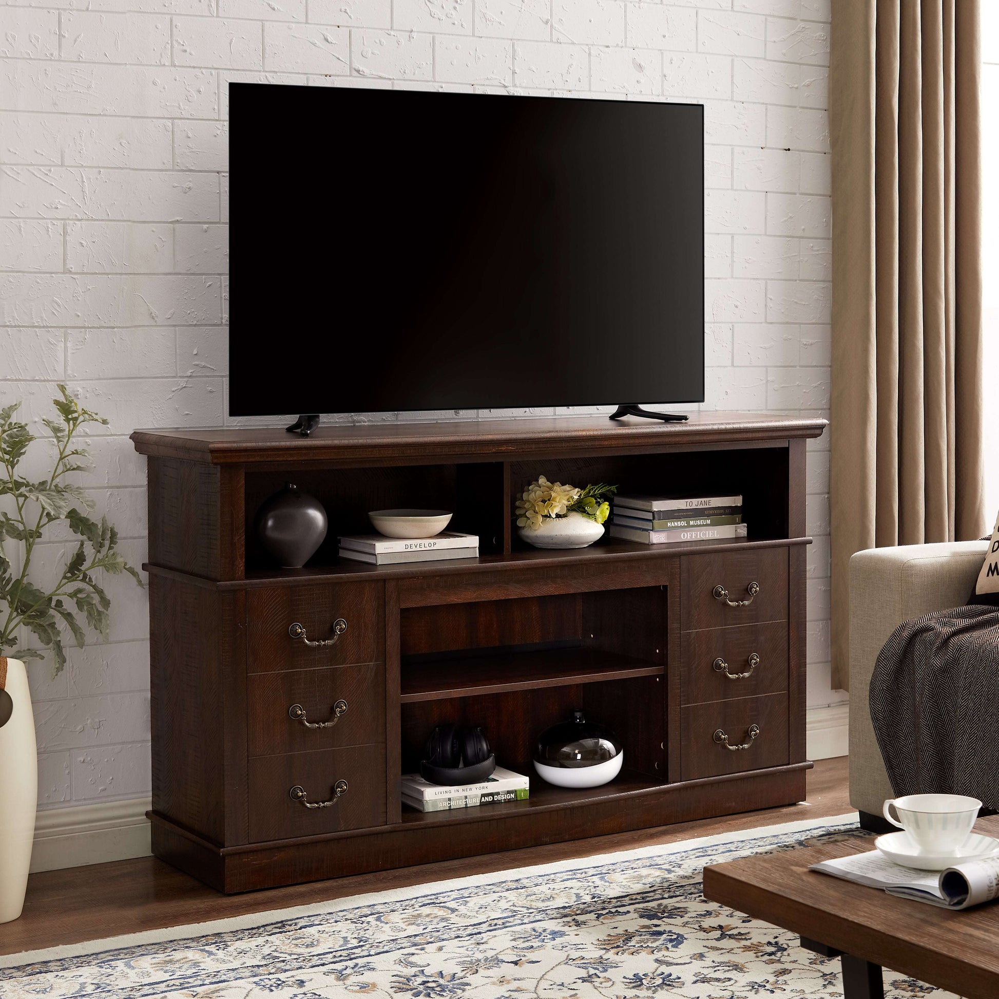 Espresso TV stand showing top media shelf and two open cubbies under the console