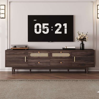 Dark brown modern TV stand with two drawers, rattan panels, and gold bar handles