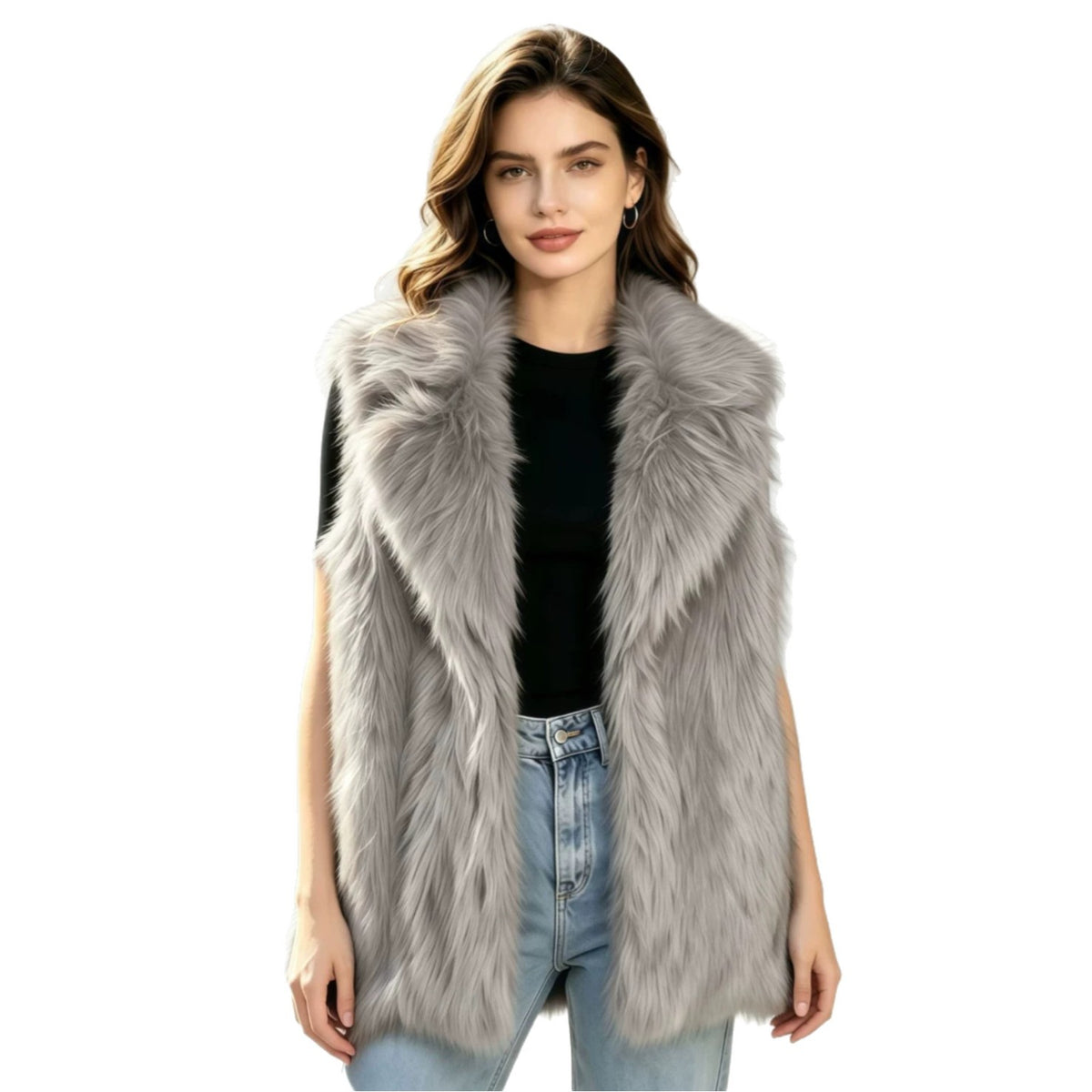 Light gray faux fur waistcoat vest with oversized suit-collar, sleeveless