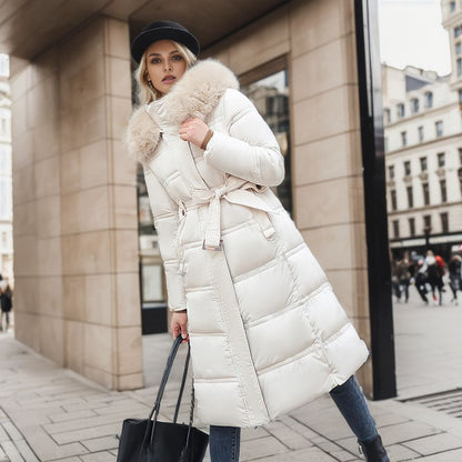 Women's Slim Long Winter Jacket | Fur Hooded Coat with Waist Belt Winter Slim Long Jacket With Fur Hood An | Ectron Online
