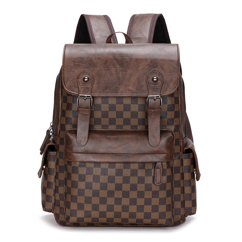 Dark brown check-pattern backpack with top flap, front buckle pocket, and side zippers.