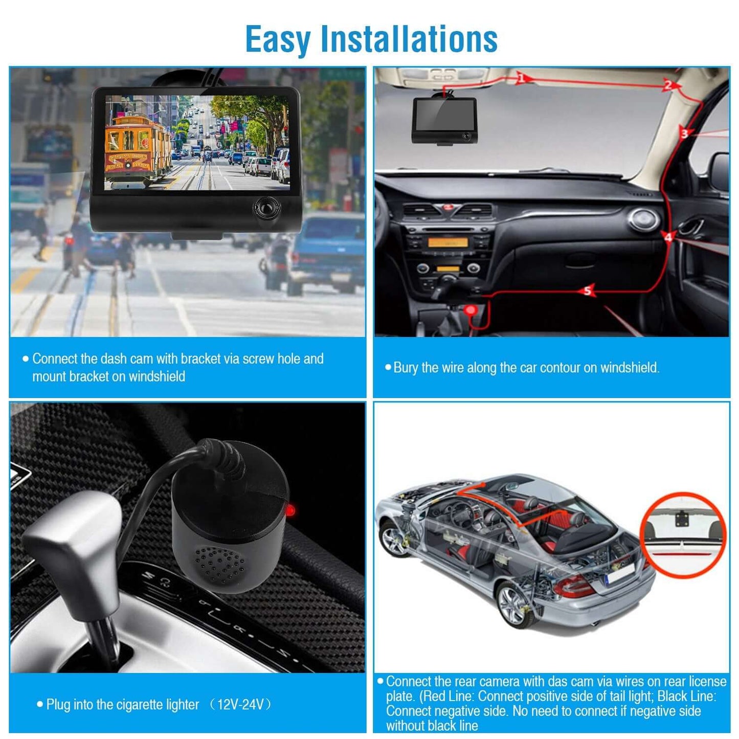 1296P 3-Lens Car Dash Cam - Front, Interior & Rear DVR Recorder 1296P Car DVR Dash Camera 4In 3 Lens Veh | Ectron Online