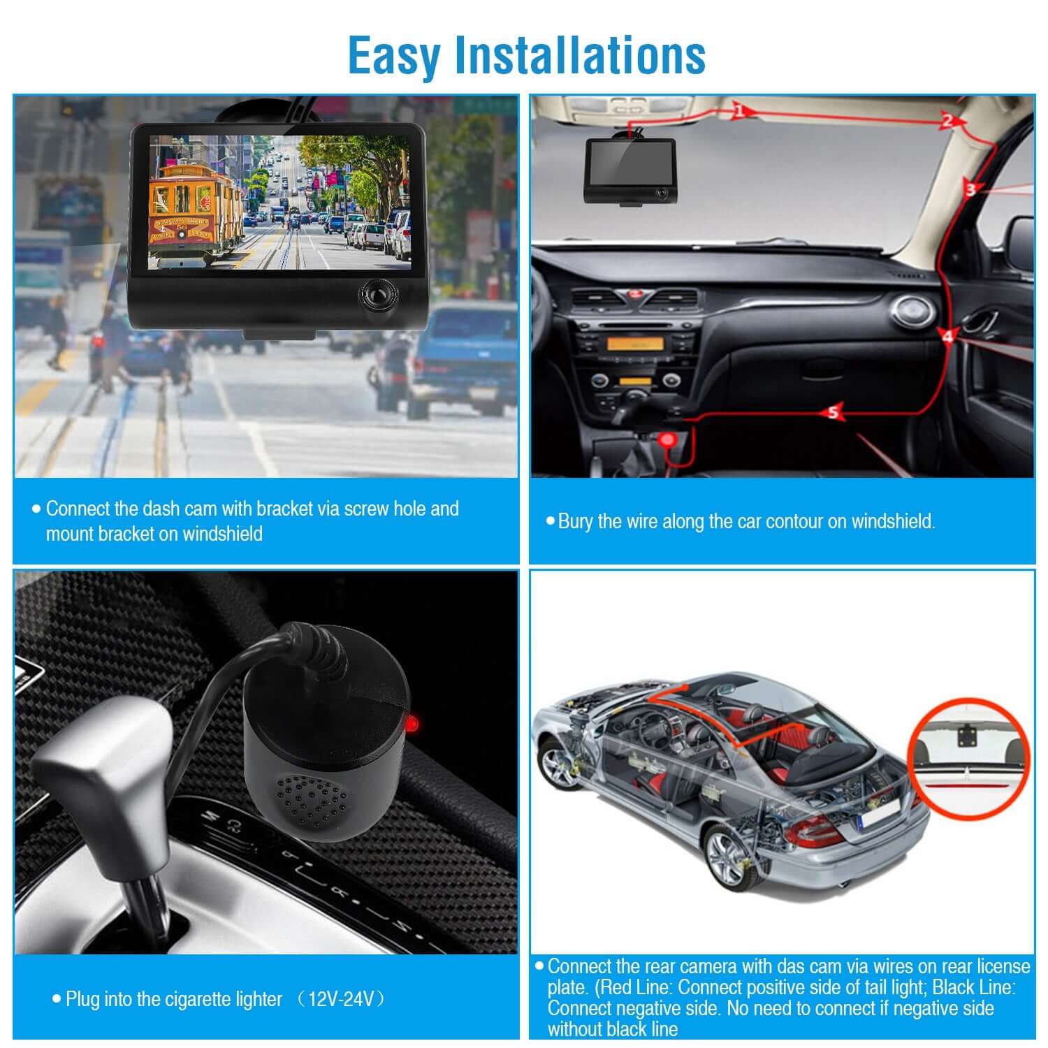 1296P 3-Lens Car Dash Cam - Front, Interior & Rear DVR Recorder 1296P Car DVR Dash Camera 4In 3 Lens Veh | Ectron Online