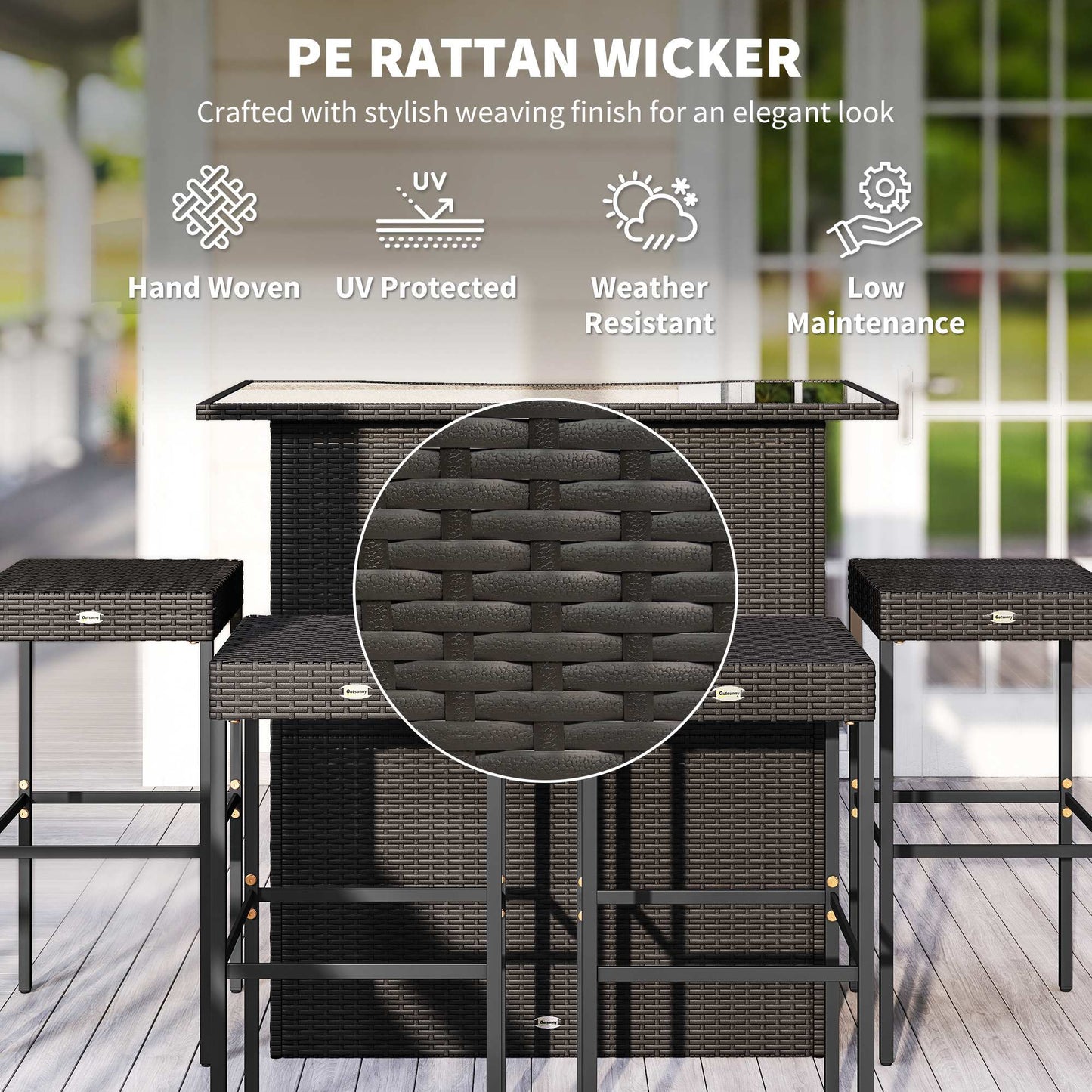 5-Piece Rattan Wicker Bar Set | High Top Outdoor Table & 4 Stools