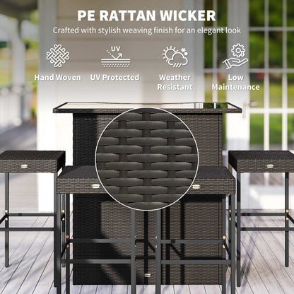 Dark brown rattan wicker bar table with high stools, woven construction close-up
