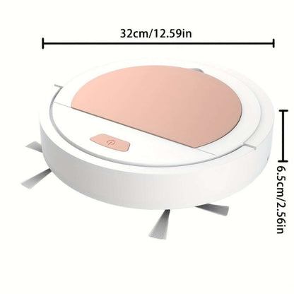 White robot vacuum cleaner with pink top and side brush arms, angled top-side view.