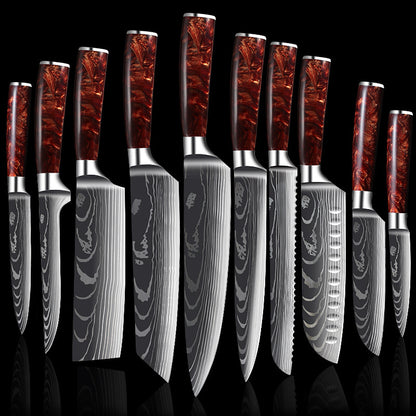 Premium Cutlery | Damascus Steel | with Red Resin Handles Kitchen Knives Set | Ectron Online