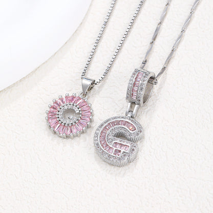 Rock Sugar 26-letter Pendant Necklace For Women, Copper Inlaid Zircon Round Flower Jewelry Set