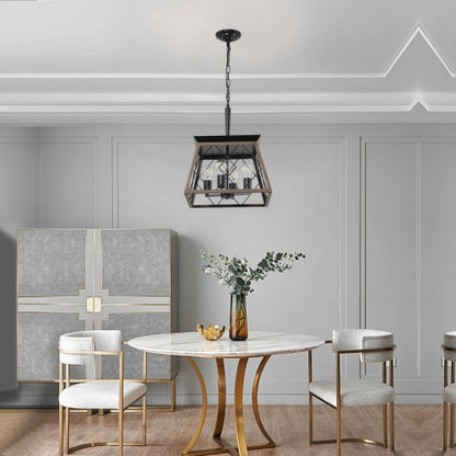 Black 4-light farmhouse chandelier with metal cage frame and four exposed bulbs