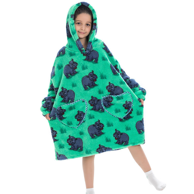 Kids' oversized thermal sweatshirt, bright green with dark animal silhouette print, hooded