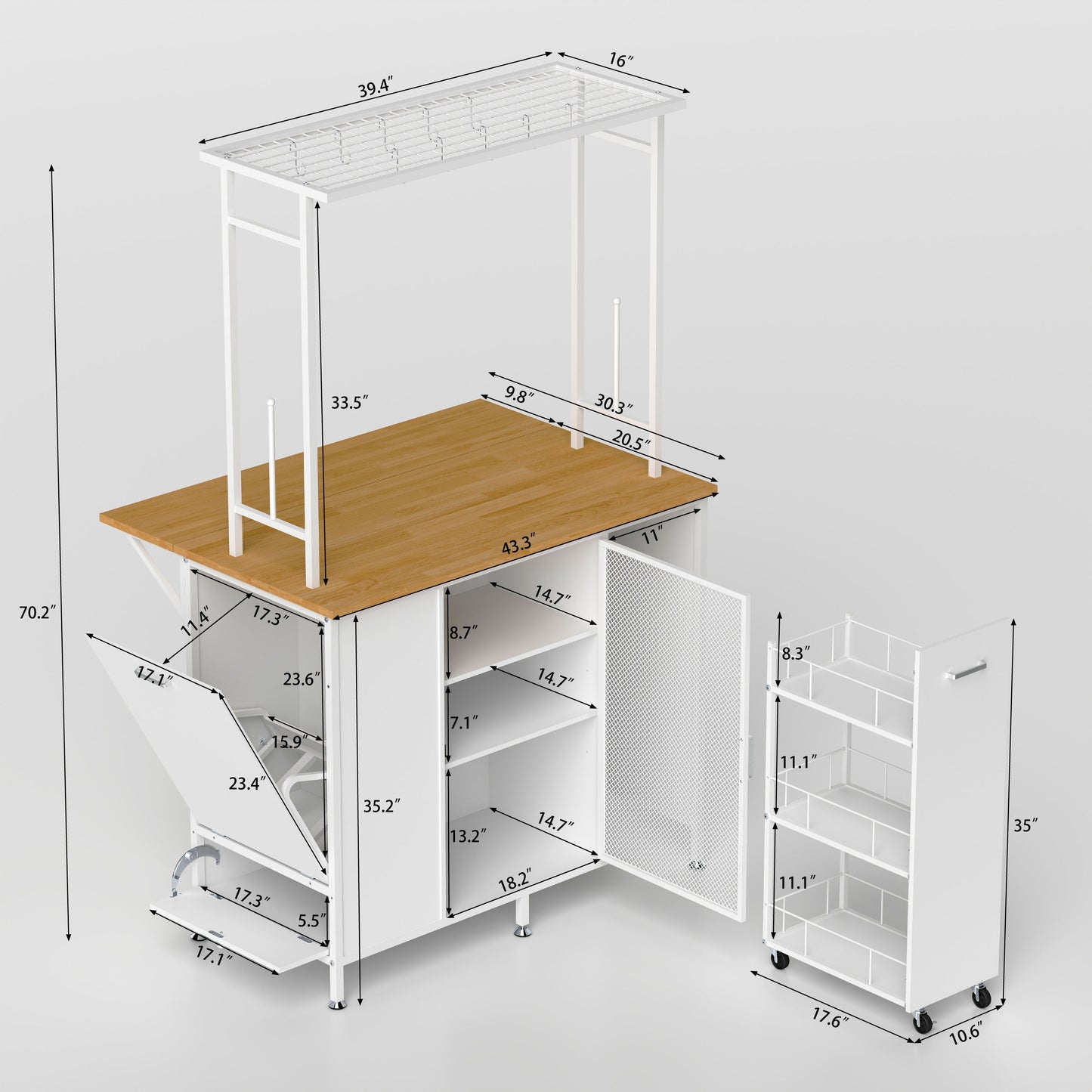 White Kitchen Island with Flip-Up Breakfast Bar and Storage Drawers
