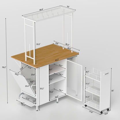 White kitchen island with light oak top, storage doors, and labeled measurements