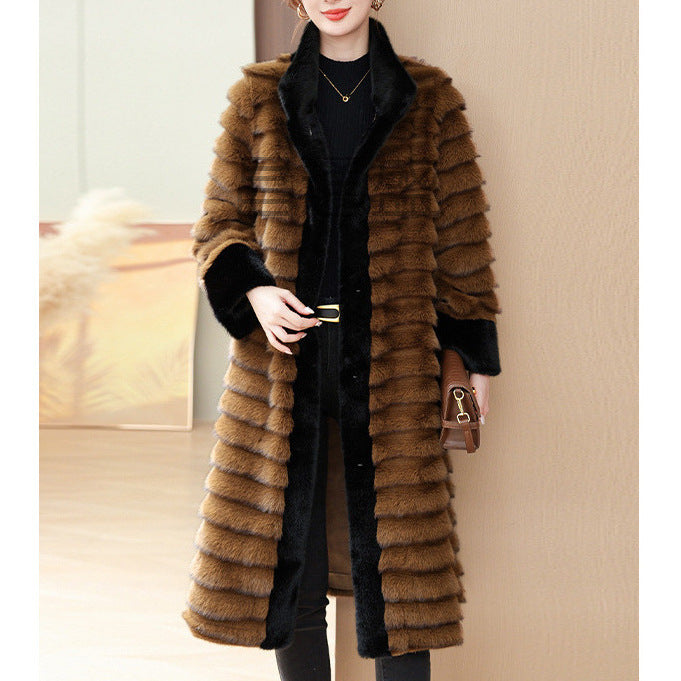 Brown faux mink coat with striped fur texture, black collar, and front fastening