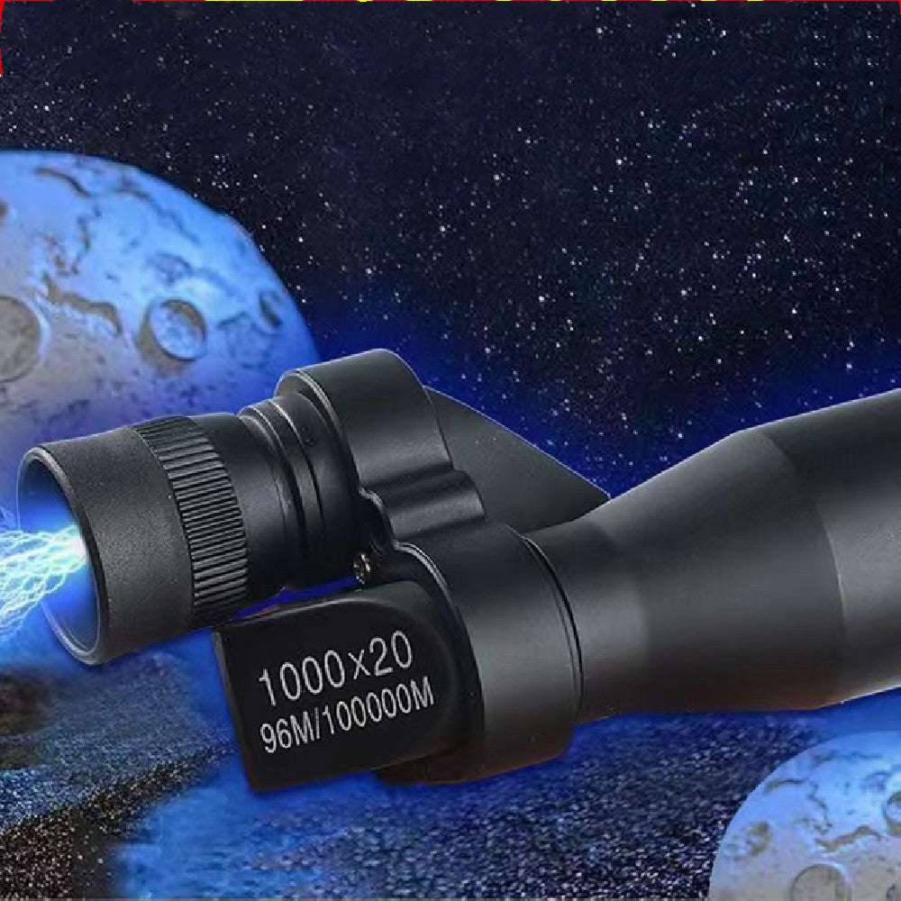 Monocular with space-themed background featuring planets and stars