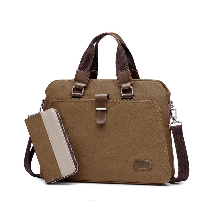 Coffee brown canvas briefcase with top handles, shoulder strap, and white zippered card pocket