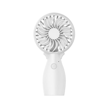 White handheld fan with circular grille and control button on the handle