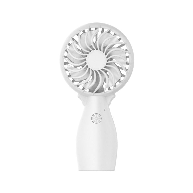 White handheld fan with circular grille and control button on the handle