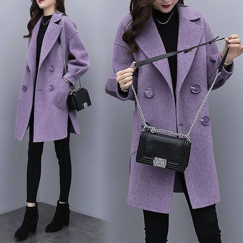 Purple Woolen Coat Women's Mid-length Lantern Sleeve