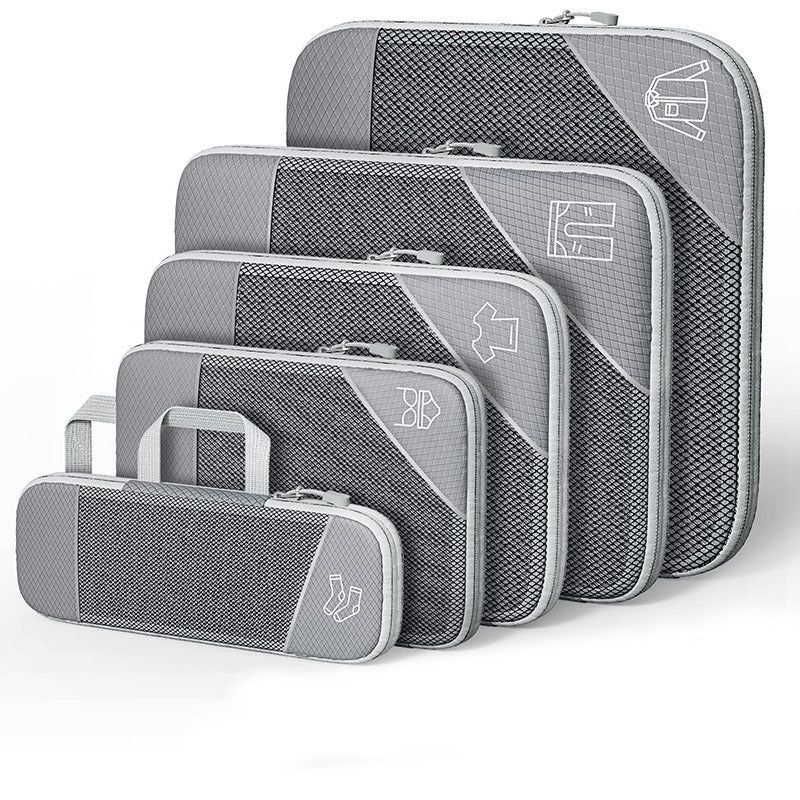 Luggage organizer set with compression bags and shoe bag, gray with light panels