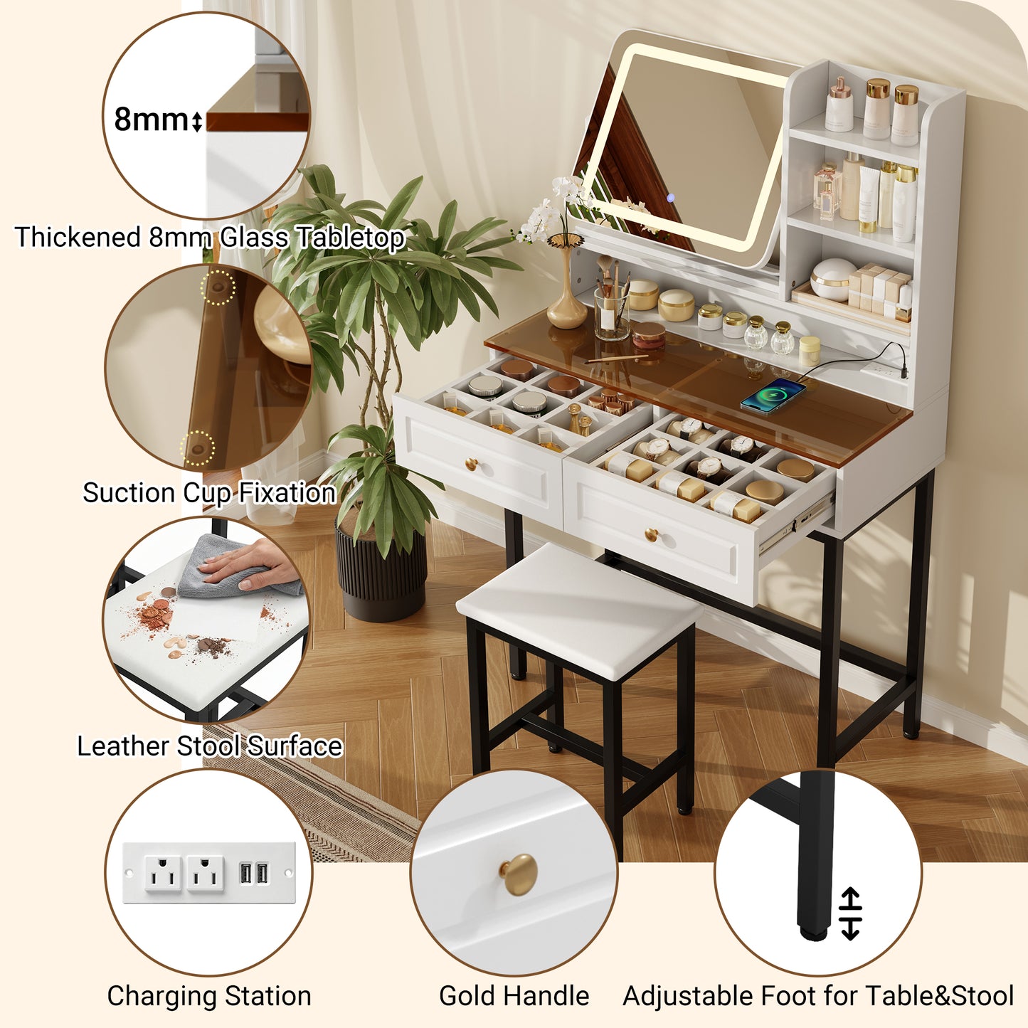 White Makeup Vanity with LED 360° Mirror, Power Outlet & Amber Glass