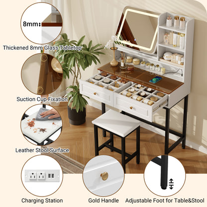 White makeup vanity with gold handle, thick glass tabletop, adjustable feet, stool