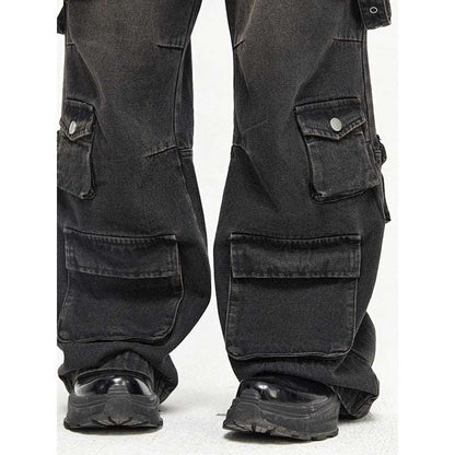 Men's Multi-Pocket Vintage Wide Leg Jeans - Classic Retro Denim Style Multi Pocket Vintage Wide Leg Jeans For | Ectron Online