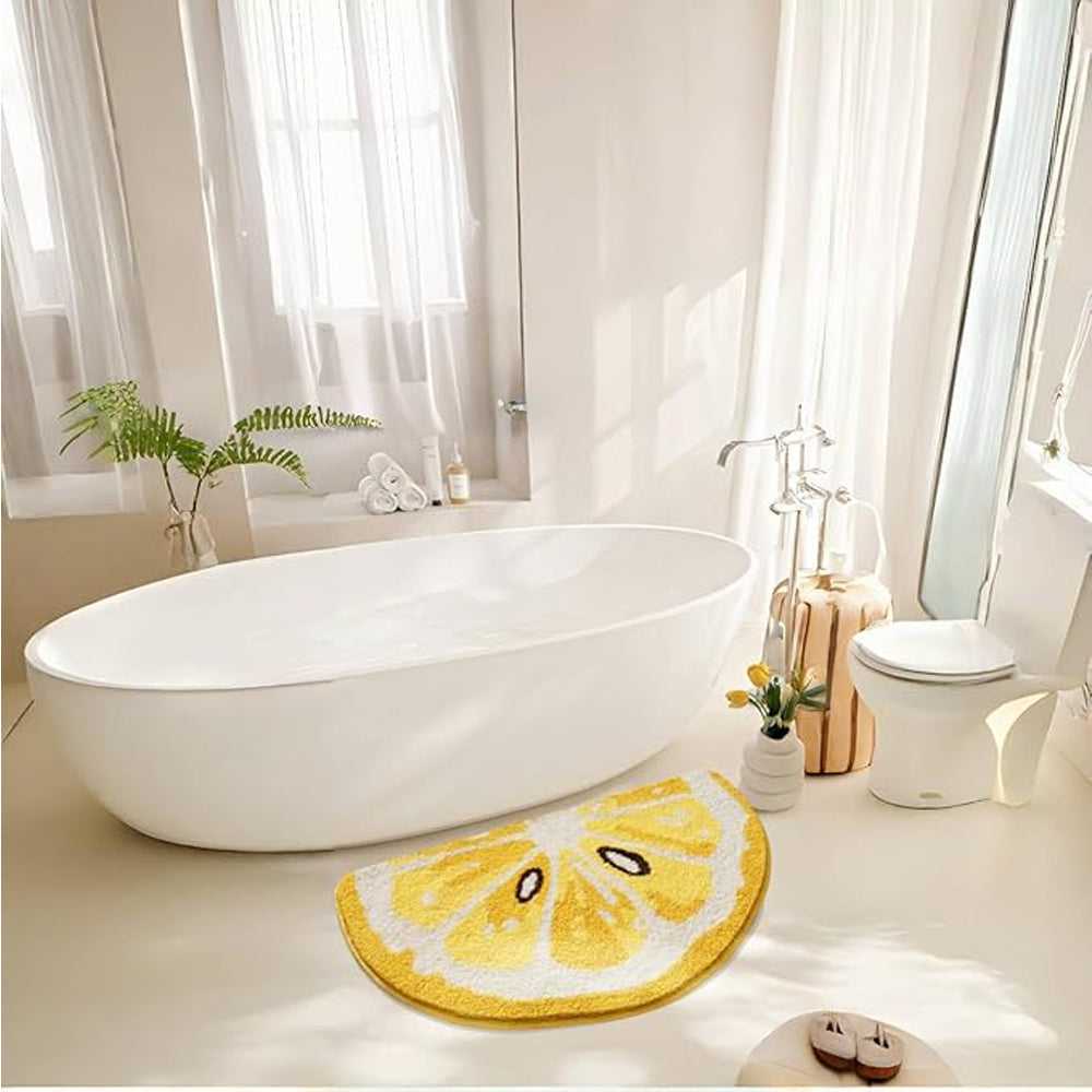 Lemon slice bath mat, yellow and white, rounded non-slip rug for bathroom floors