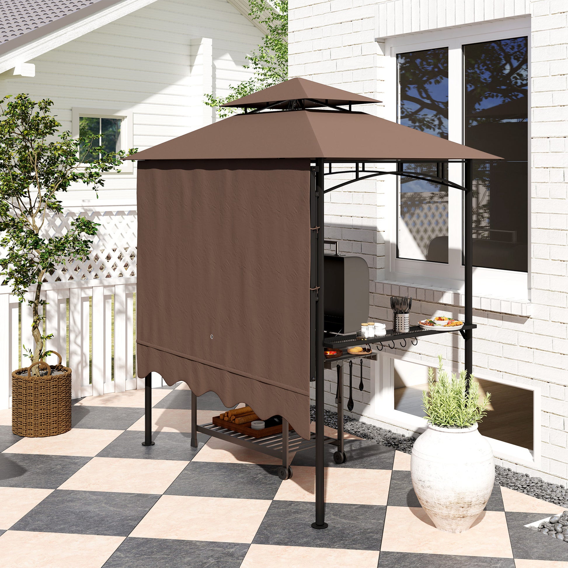 Brown grill gazebo shelter with side awning, black legs, and open front panel