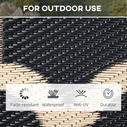 Reversible outdoor rug with dark-and-light geometric pattern and textured weave