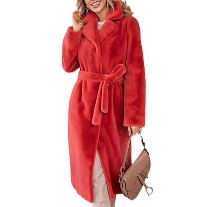 Women's Elegant Plush Long Coat | Lace-Up Turn-Down Collar Jacket Women's Fashionable Elegant Lace-up Turn | Ectron Online