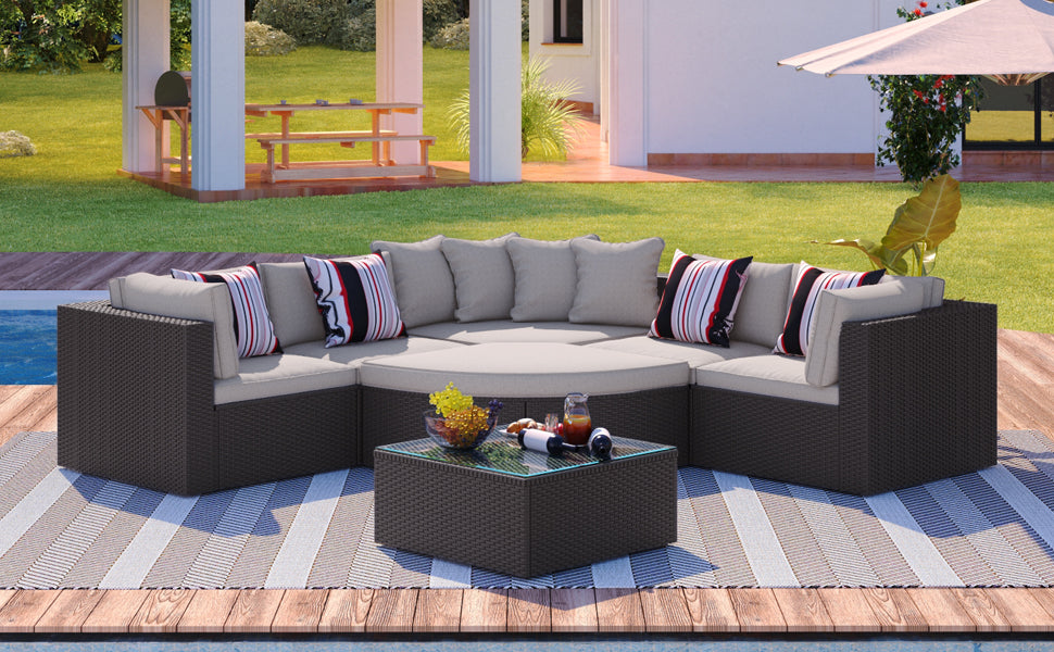 7-Piece Outdoor Wicker Sofa Set - Brown Rattan Patio Conversation Set