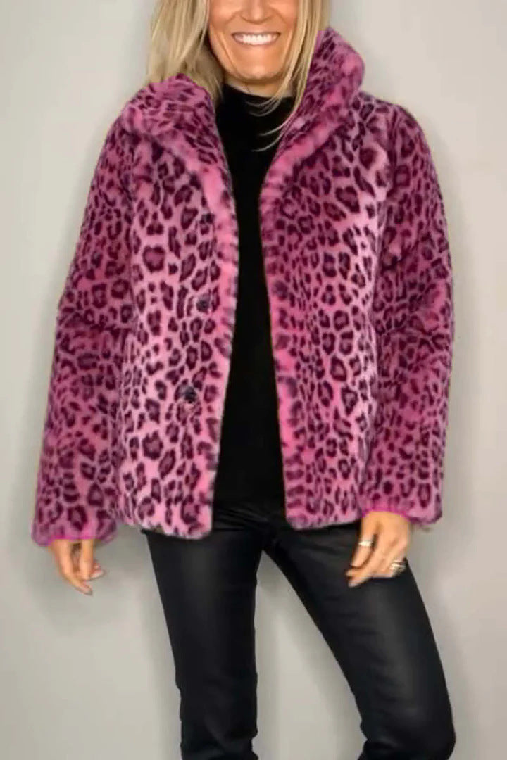 Women's Leopard Print Faux Leather Jacket | Woolen Lapel Winter Top
