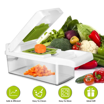 Vegetable chopper with white base and green blade insert, holding diced vegetables
