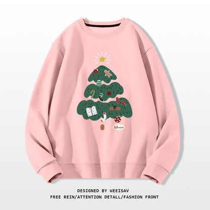 Pink sweatshirt with a green Christmas tree design on a white background