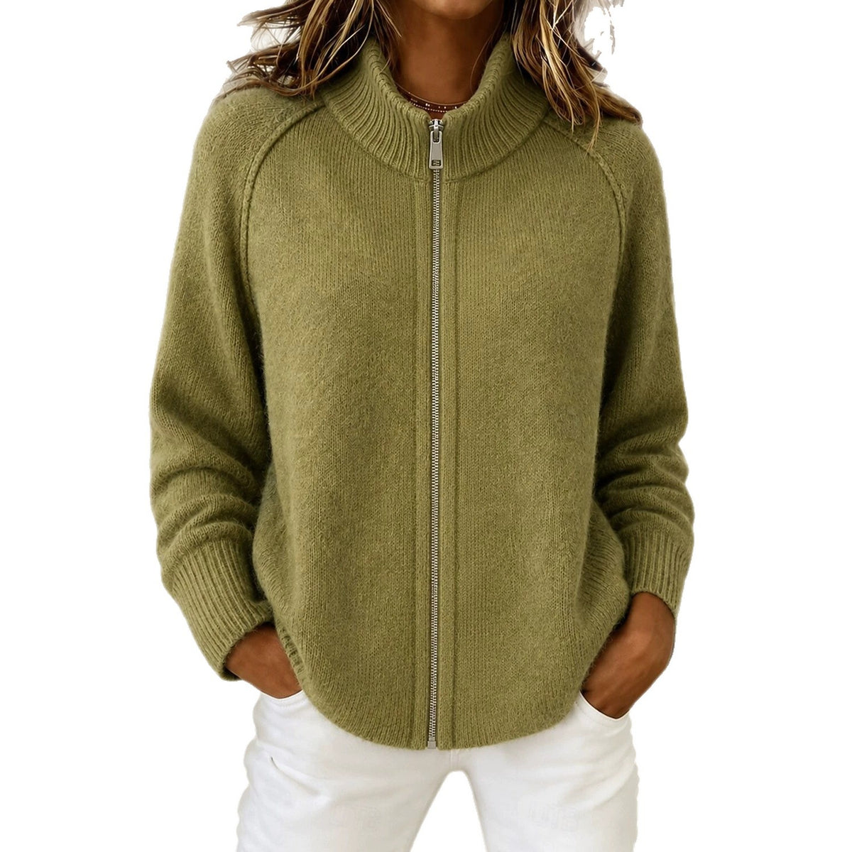 Olive green knitted cardigan with stand collar and front zipper, long sleeves, ribbed cuffs