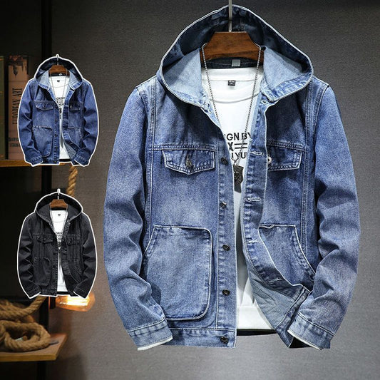 Blue denim jacket with a hood on a gray background
