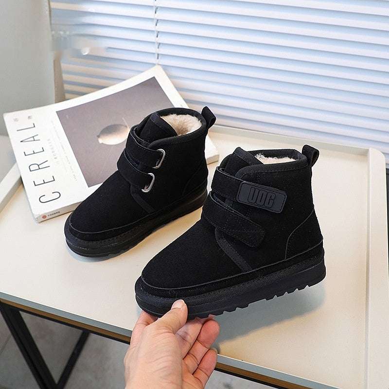 Fleece-lined snow boots in black with two hook-and-loop straps and padded collar.