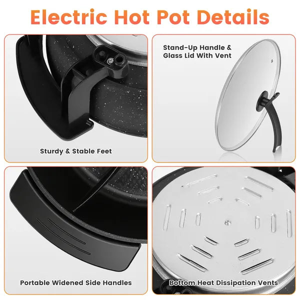 Electric hot pot with glass lid vent, sturdy feet, and widened side handles