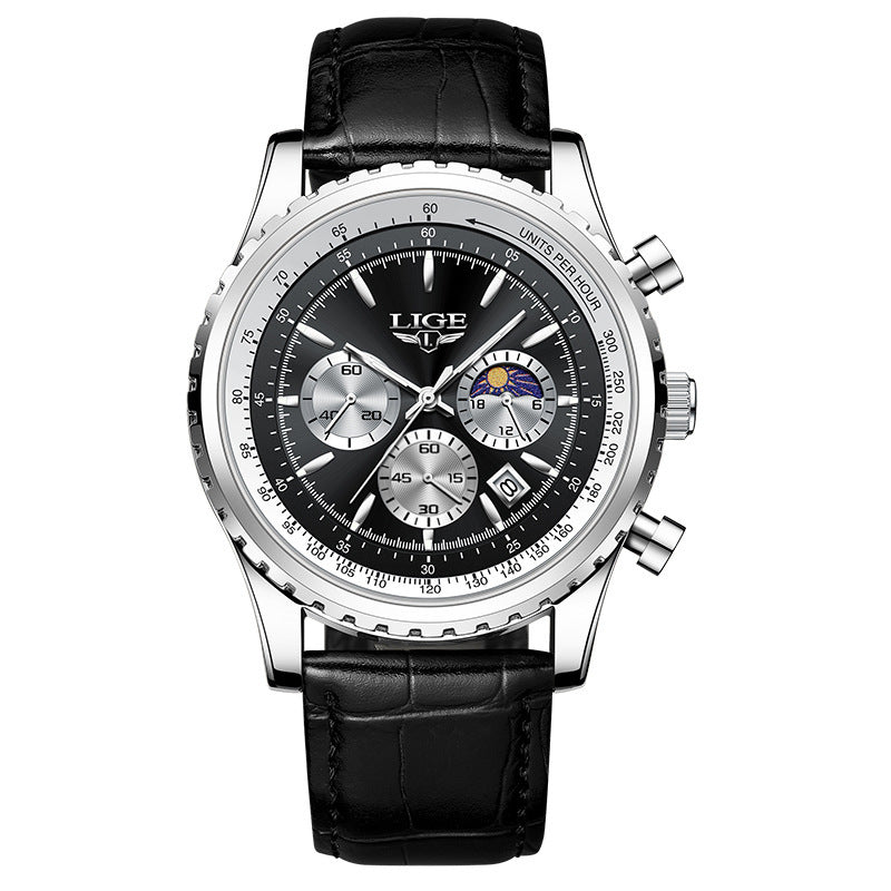 Silver multifunction waterproof watch with black dial and black leather strap