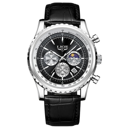Silver multifunction waterproof watch with black dial and black leather strap