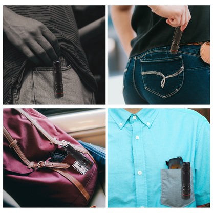 Black LED flashlight in jacket pocket, jeans pocket, and bag accessory placements.