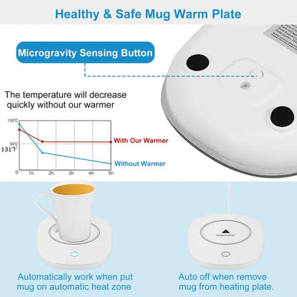 White mug warm plate with microgravity sensing button and auto-off indicator light.