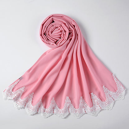 New Pearl Chiffon Scarf Malaysia Fashion Stitching Lace Scarf