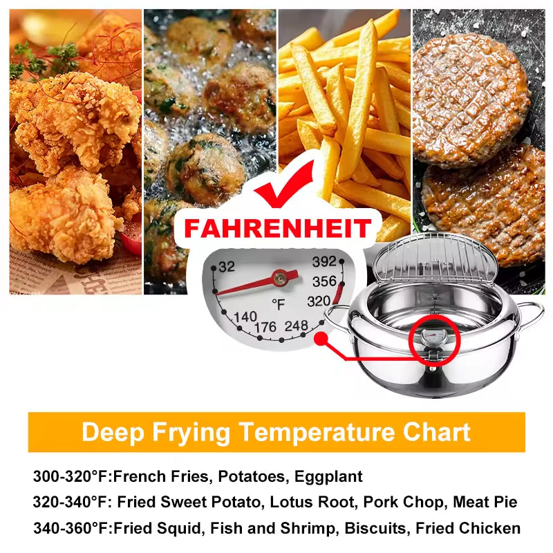 Stainless deep fryer with temperature control and wire basket over oil