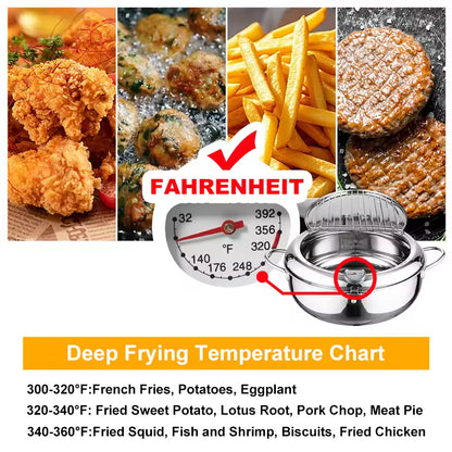 Stainless deep fryer with temperature control and wire basket over oil