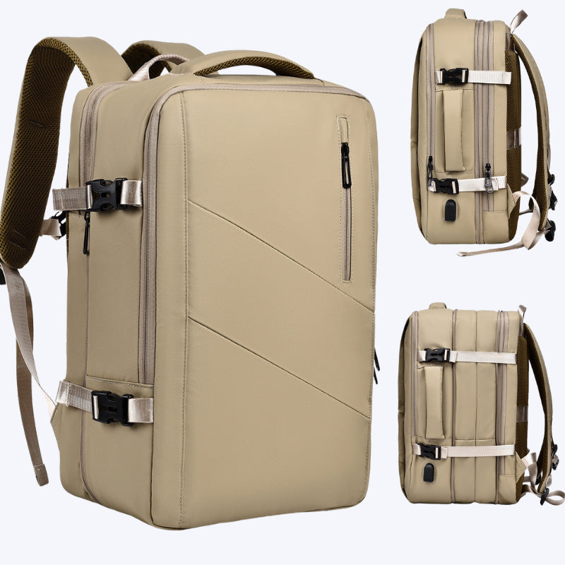 Tan business laptop backpack with zip front pocket and side compression straps