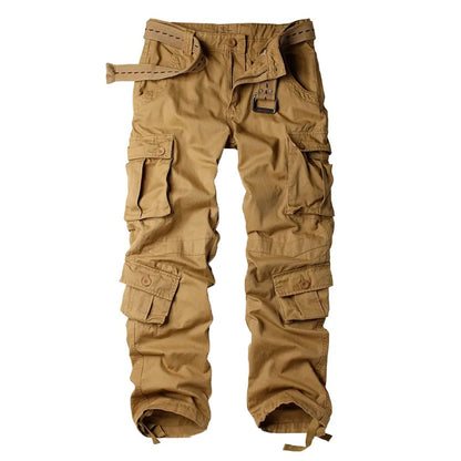 Men's cargo pants in khaki with multiple flap pockets and adjustable waistband strap