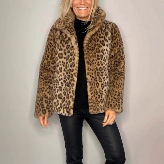 Women's Leopard Print Faux Leather Jacket | Woolen Lapel Winter Top